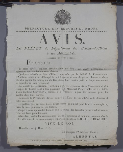 Annonce par le préfet de Marseille, du débarquement de Napoléon à Golfe Juan (1815)