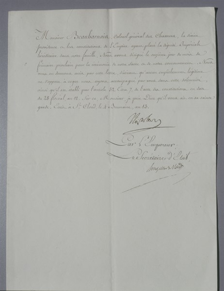 Invitation signée de Napoléon à Eugène de Beauharnais, son beau-fils, pour le couronnement du 2 décembre 1804