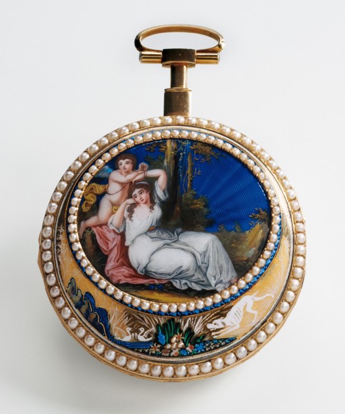 Montre de poche : femme auprès d'un Amour