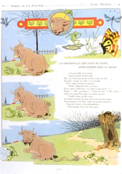 Benjamin Rabier, Illustration des Fables de Jean de la Fontaine : la grenouille voulant se faire aussi grosse que le boeuf (1906)