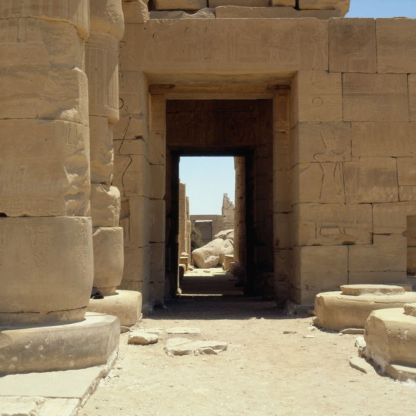 Ramesseum, Temple of Ramses II, south aisle of the hypostyle hall seen from the West