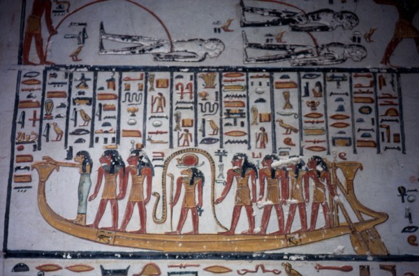 Tomb of Ramses VI. The boat of Ra with Isis, Sia, Heka, Ra, Horus,  Maat's bull, the waker, Hou