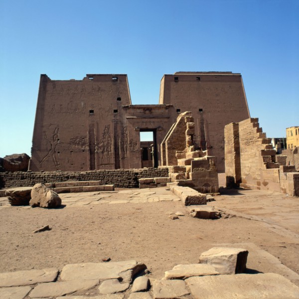 Temple of Edfu, 1st pylon seen from the Mammisi