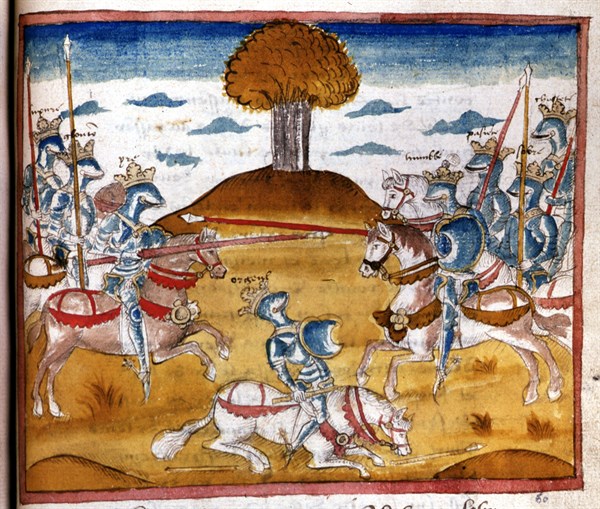 Manuscrit d'Henry de Ferrières, le livre du Roy Modus et de la Royne Ratio, scène de tournoi