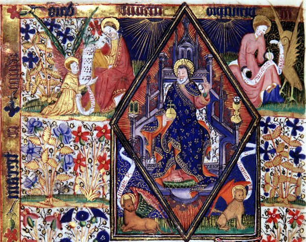 Manuscript of the Rohan-Montauban Hours: Christ in majesty surrounded by the four evangelists and their symbol