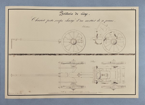 Traité d'artillerie : Chariot porte-corps chargé d'un mortier de 12 pouces