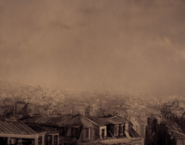 Painted backdrop. View over city roofs