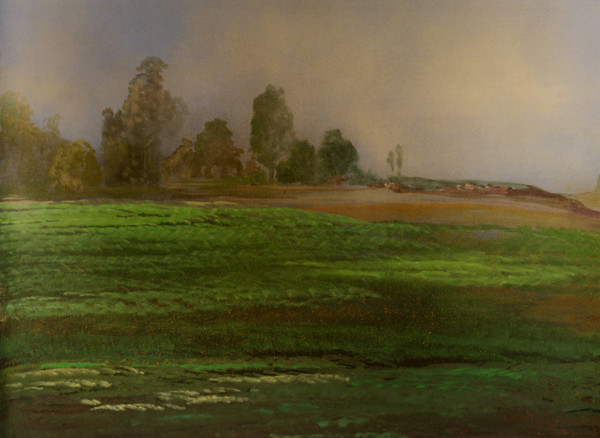 Painted canvas tarp. Rural landscape