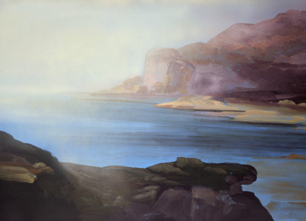 Bâche peinte. Paysage de mer et montagne