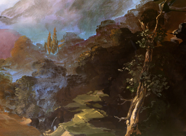 Painted canvas tarp. Mountainous landscape