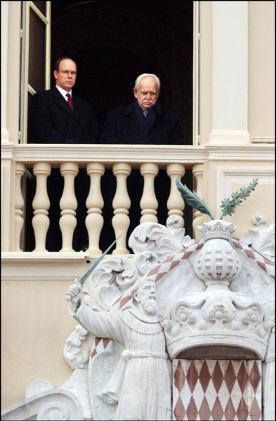 01/27/2002. Prince Rainier of Monaco and his son Prince Albert celebrate Sainte Devote.