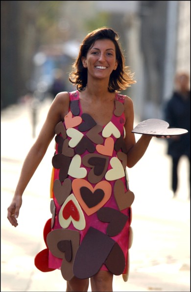 10/28/2002. EXCLUSIVE: Fashion designers dress Severine Ferrer, Laure de Lattre and Mya Frye in chocolate for catwalk appearance at the 8th Salon du Chocolat, Oct. 30.