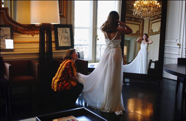 05/00/2003. Clotilde Courau tries gowns on at Valentino's before the 56th Cannes Film