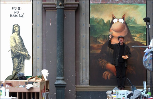 10/24/2003. Belgian cartoonist and TV host Phillipe Geluck's art exhibit at the Beaux-Arts, Paris : a first for any comic strip artist.