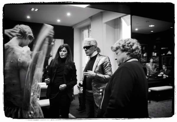 01/00/2004.  Chanel Fashion Designer Karl Lagerfeld, backstage of the Haute Couture Spring-Summer 2004 fashion show.
