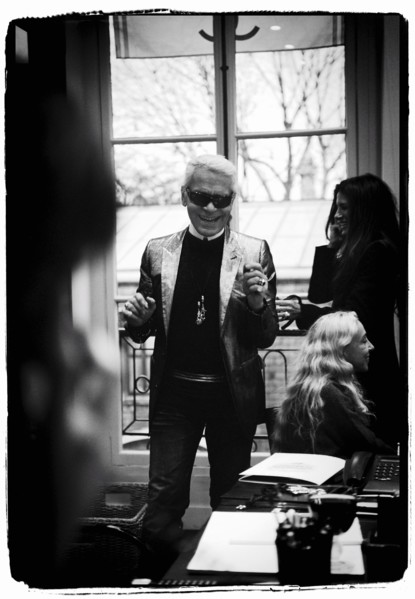 01/00/2004.  Chanel Fashion Designer Karl Lagerfeld, backstage of the Haute Couture Spring-Summer 2004 fashion show.