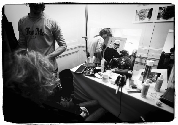 01/00/2004.  Chanel Fashion Designer Karl Lagerfeld, backstage of the Haute Couture Spring-Summer 2004 fashion show.