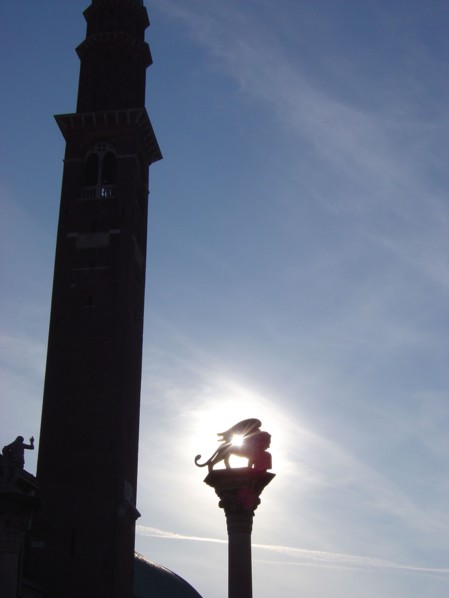 Campanile and Venitian Lion at piazza dei Signori in Venice
