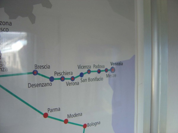 Venise, dans le train, carte ferroviaire, gares vers Venise, Padoue, Vicence