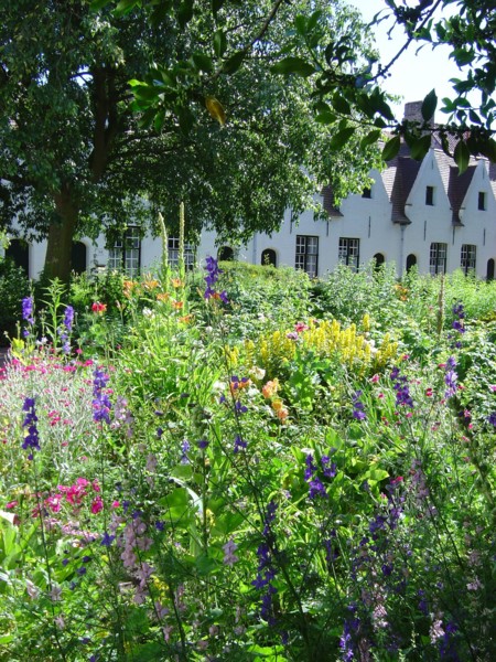 Bruges. Jardin fleuri au Printemps, ruelles de la ville médiévale