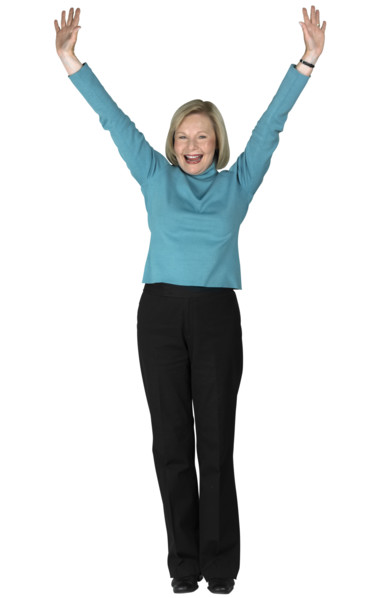 A woman standing with arms outstretched.