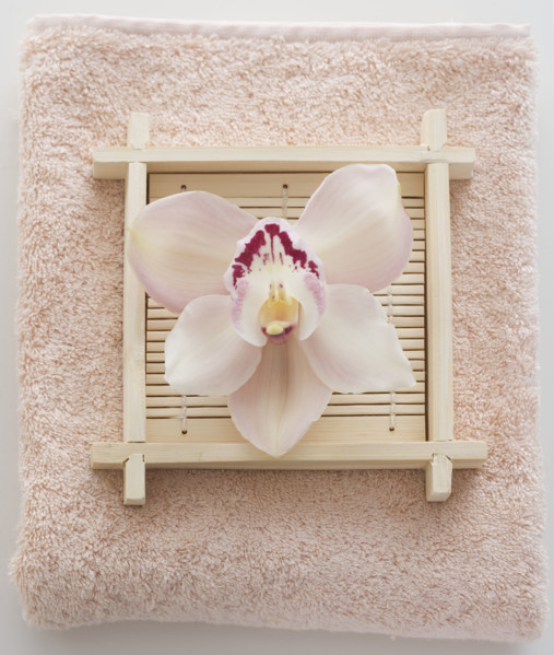 Still life of orchid on terry cloth.