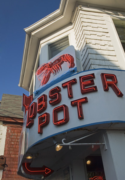 Neon sign for Lobster Pot restaurant.