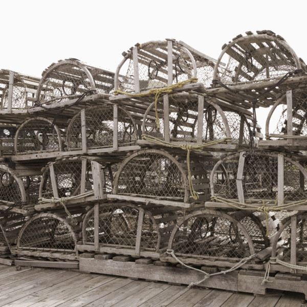 Lobster traps on dock in Maine.
