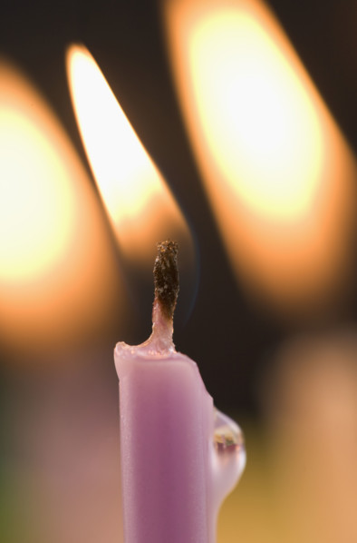 Closeup of lit candles.