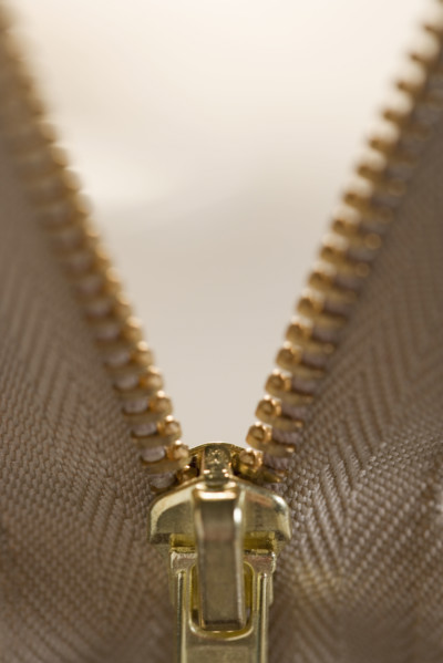 Closeup of a metal zipper.