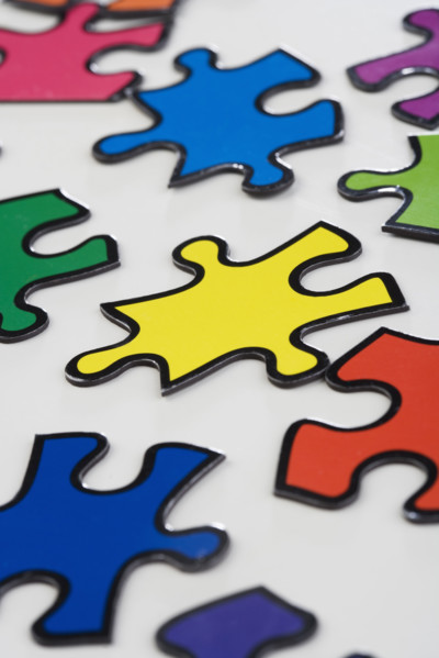 Still life of puzzle pieces.