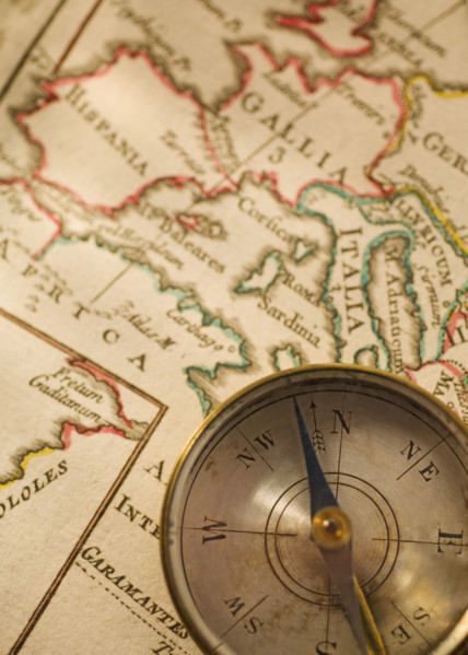 Antique compass and map.