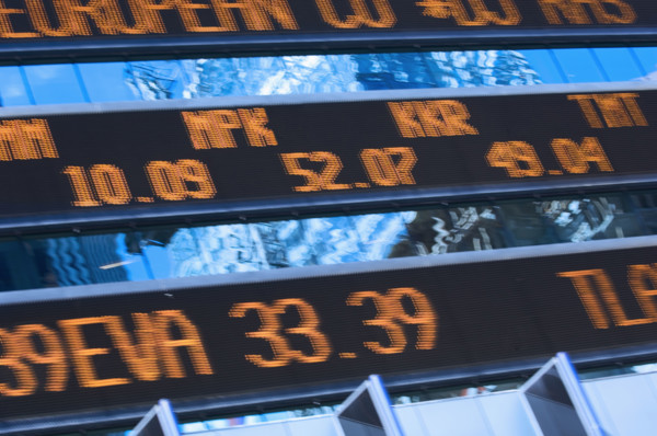 Closeup of stock market ticker.
