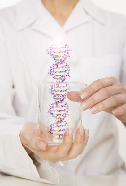 Hands holding DNA in beaker.