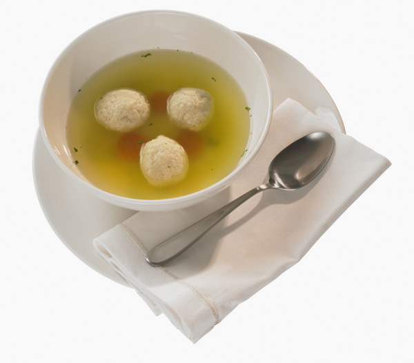 Studio shot of matzoh ball soup.