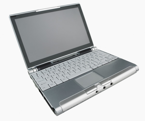 Studio shot of open laptop.