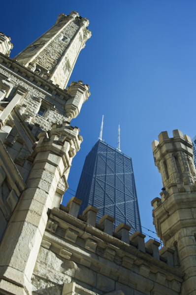 Chicago Water Tower with John Hancock Center behind..