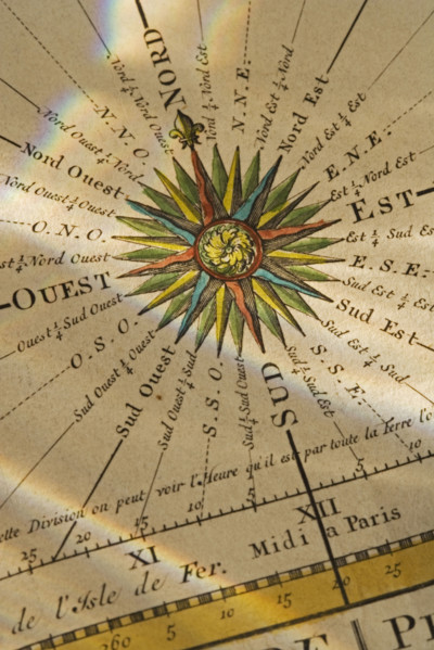 Close up of compass drawn on map.