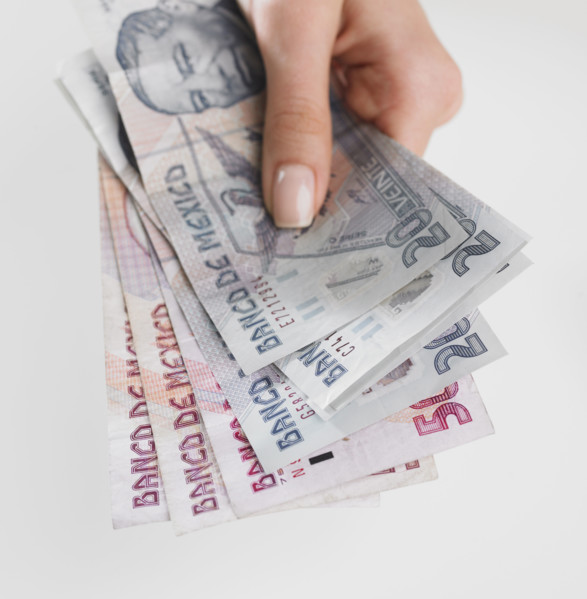 Close up studio shot of woman's hand holding Mexican money.