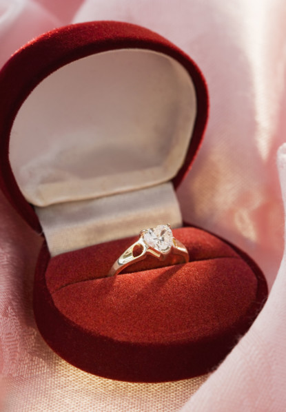 Still life of diamond engagement ring.