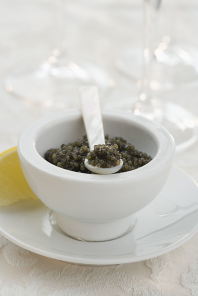 Closeup of a bowl of caviar.