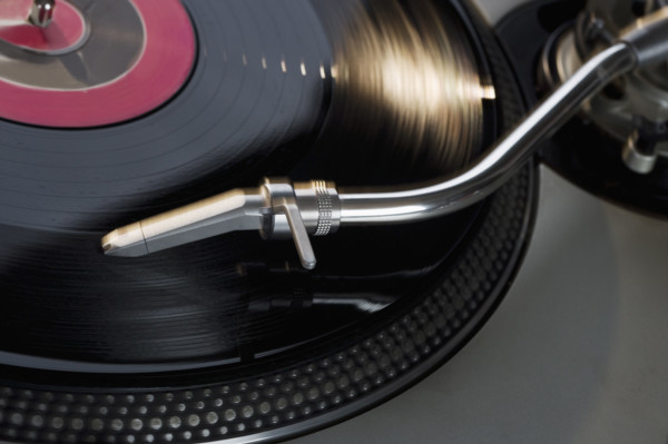 Closeup of a turntable and record.