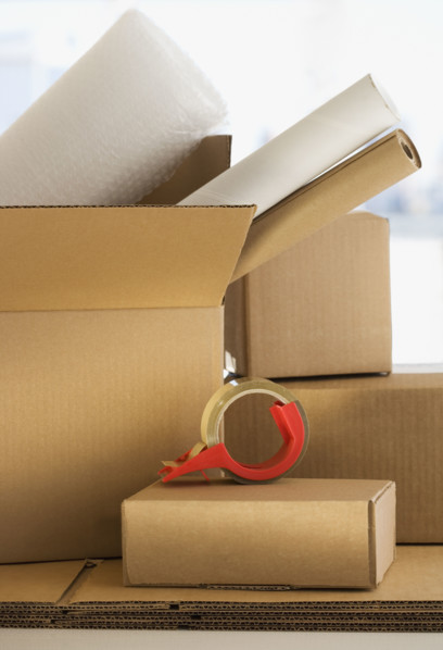 Shipping boxes and packing supplies.