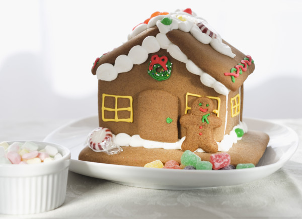 Close up of gingerbread house.