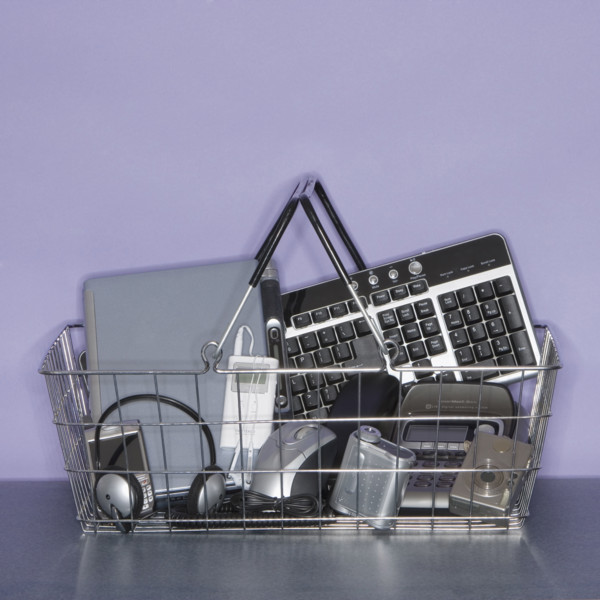 Shopping basket filled with electronics.