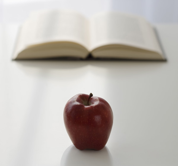 Apple in front of open book.