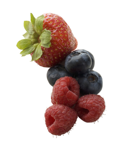 Close up of strawberry, raspberries and blueberries.