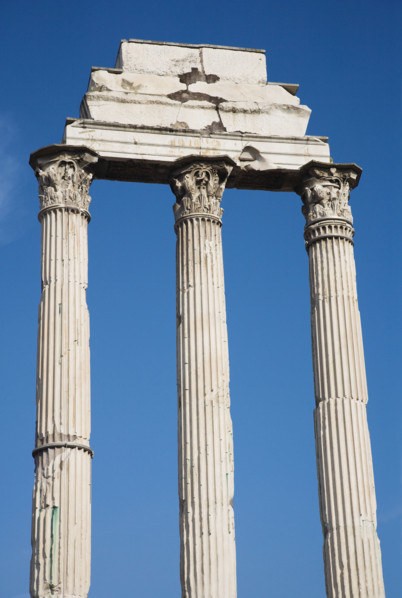 Low angle view of Corinthian columns, Temple of Castor and Pollux, Roman Forum, Italy.