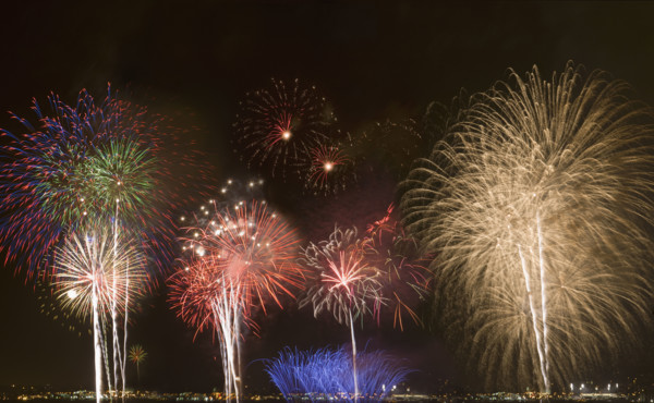 Fireworks in night sky.