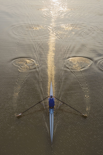 High angle view of person sculling.
